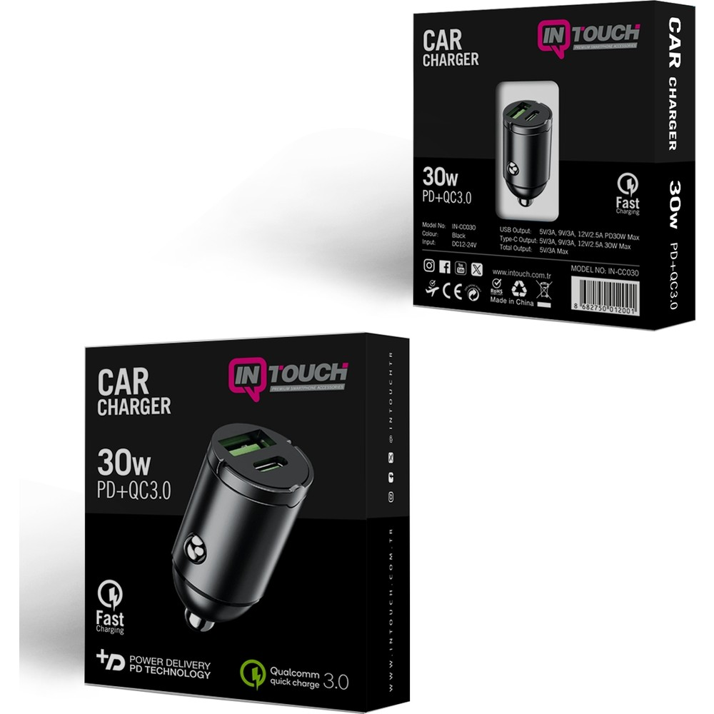 İki USB bağlantı noktasına sahip siyah araç şarj cihazı, üzerinde "30W PD+QC3.0" yazılı.