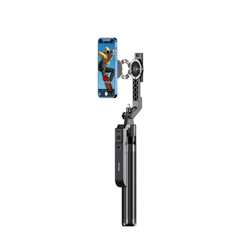 Un gimbal nero con uno smartphone blu che mostra uno skater.