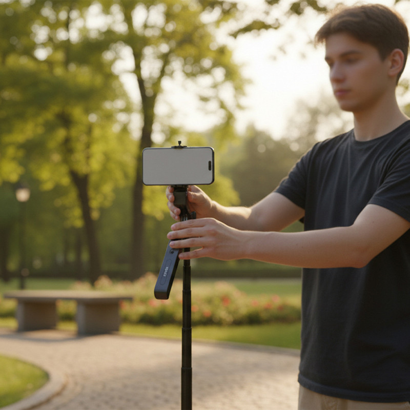 Un giovane uomo tiene uno smartphone su un selfie stick all'aperto.
