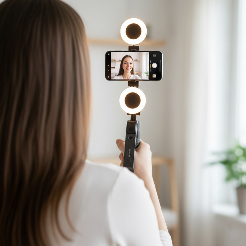 Una donna tiene uno smartphone con luci ad anello per un selfie.