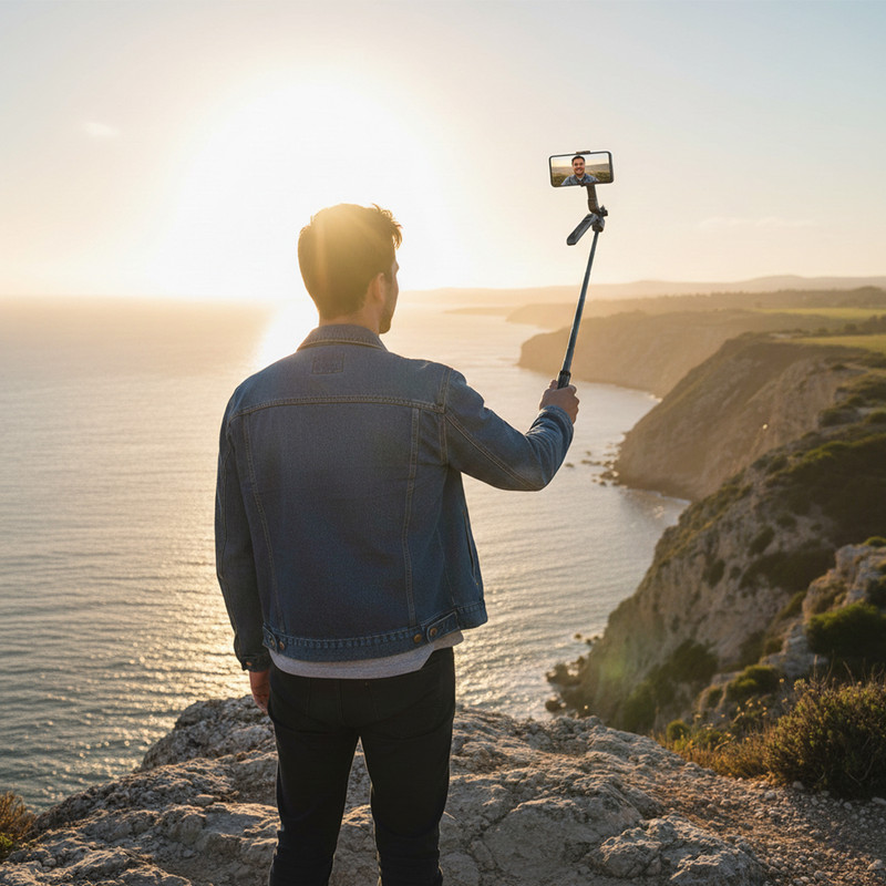 Uomo si filma con selfie stick su scogliera al tramonto sul mare.