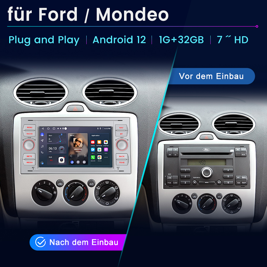 Vergleich eines Ford Mondeo Autoradios vor und nach dem Einbau.