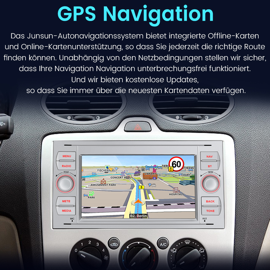 Ein GPS-Navigationssystem in einem Auto mit einer Karte und Geschwindigkeitsbegrenzung.