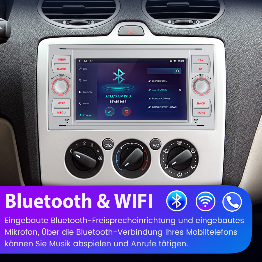 Ein Autoradio-Bildschirm zeigt Bluetooth-Geräte, Tasten und Bedienelemente.
