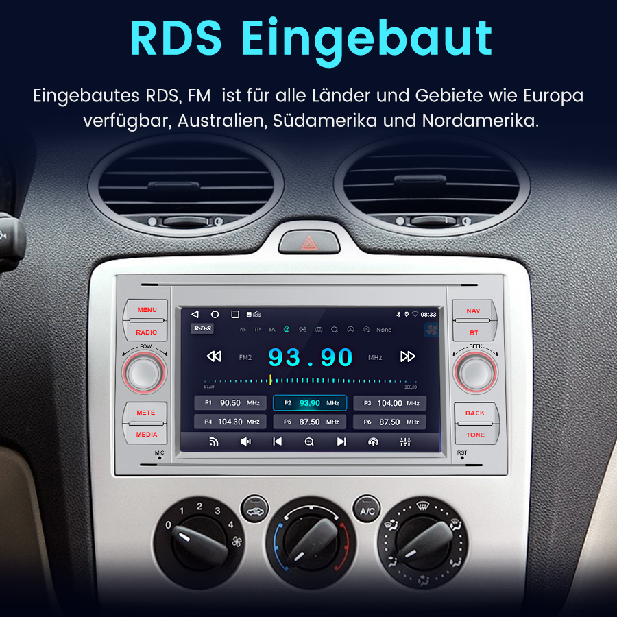 Einbau-RDS-Radiodisplay mit FM-Frequenz 93.90 MHz in einem Auto.