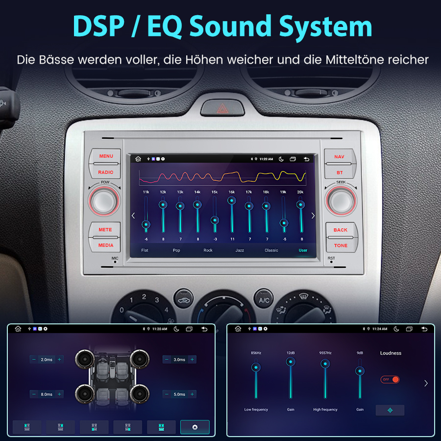 Auto-Infotainmentsystem mit EQ-Anzeige, Lautstärkereglern und Sound-Einstellungen.