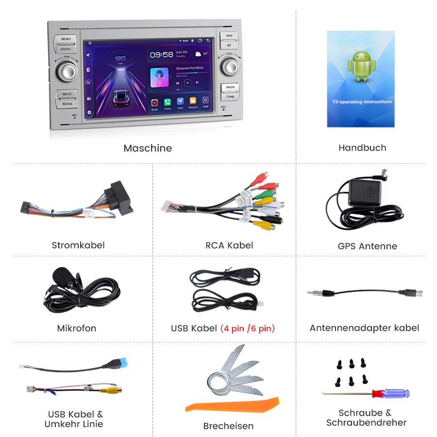 Ein Autoradio mit Touchscreen, Kabeln, Antenne, Mikrofon, USB-Geräten, Werkzeugen und Schrauben.