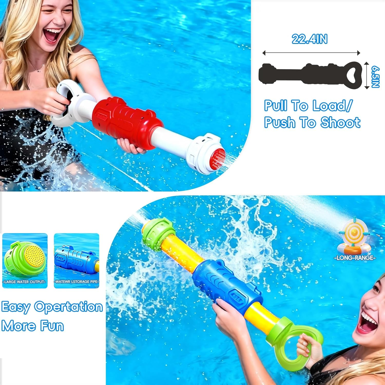 Mädchen mit Wasserpistole im Pool. Die Pistole hat rote, weiße und blaue Teile.