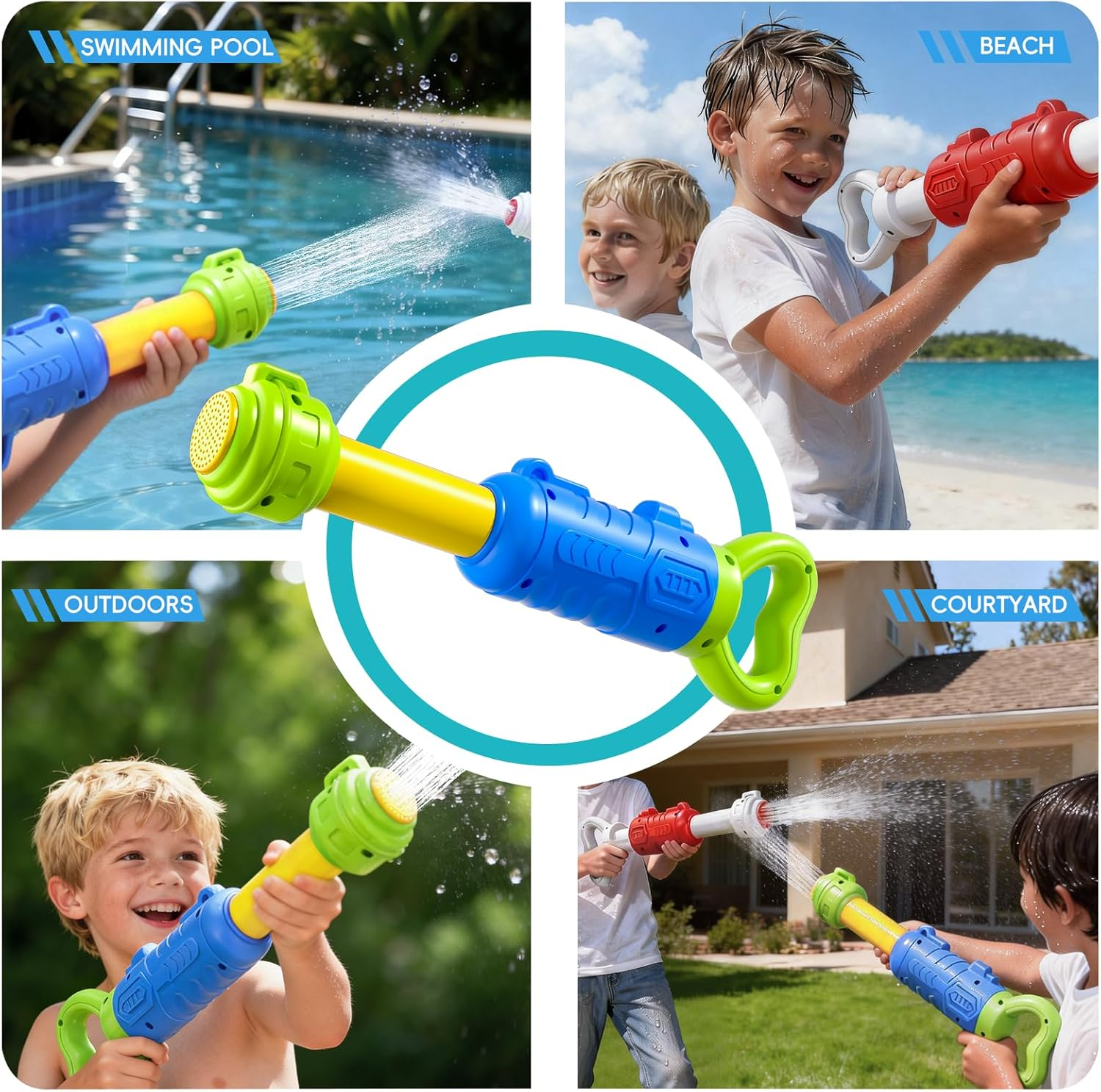 Kinder spielen mit Wasserpistolen im Freien, am Strand und im Hof.