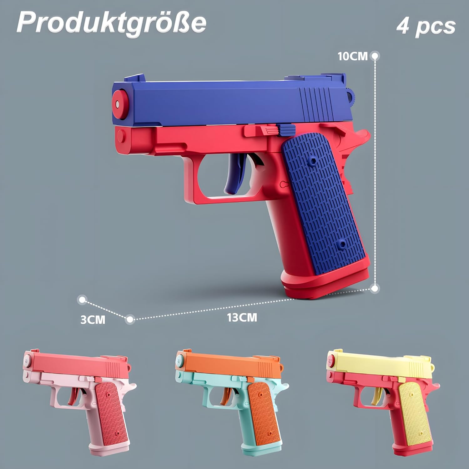 Vier Spielzeugpistolen in Rot/Blau, Rosa/Pink, Orange/Türkis und Gelb/Rot.