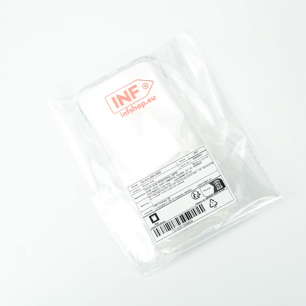 Ein durchsichtiger Handyhülle in Plastikverpackung mit Etikett.
