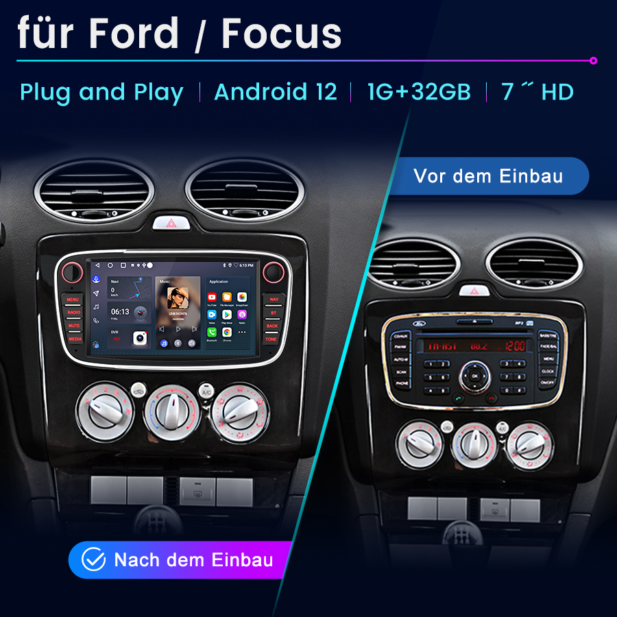 Vergleich zweier Ford Focus Armaturenbretter: links mit neuem Android-Display, rechts mit altem Radio.