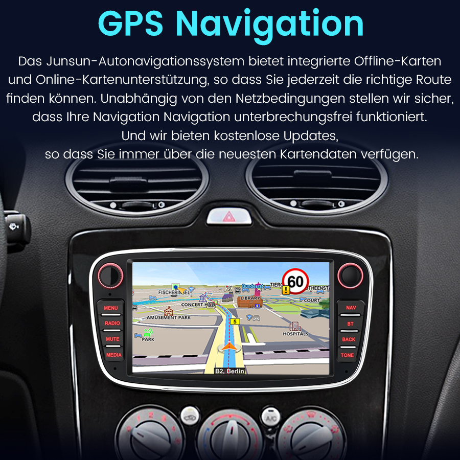 Navigationsbildschirm im Auto mit einer Karte, die eine Route von B2, Berlin, anzeigt.