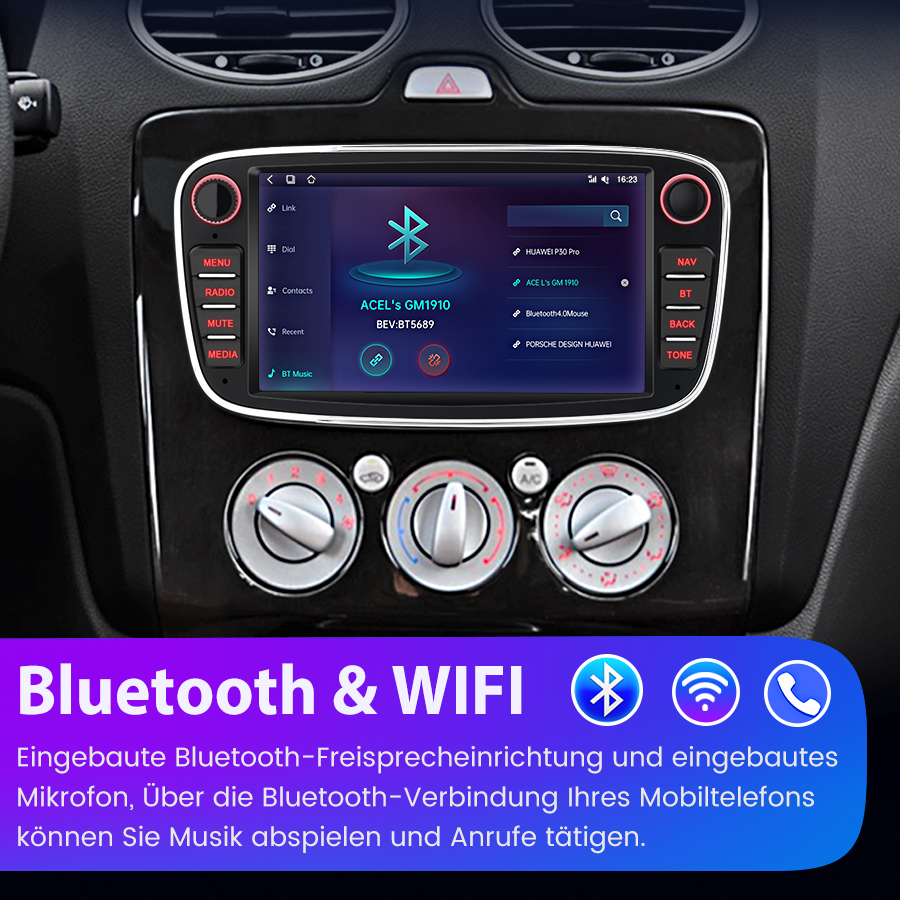 Ein Autoradio-Display zeigt Bluetooth-Geräte an. Unten ist Text zu Bluetooth & WIFI.