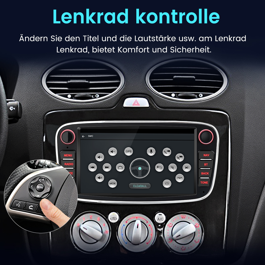 Ein Auto-Infotainmentsystem mit Lenkradsteuerung und Touchscreen.