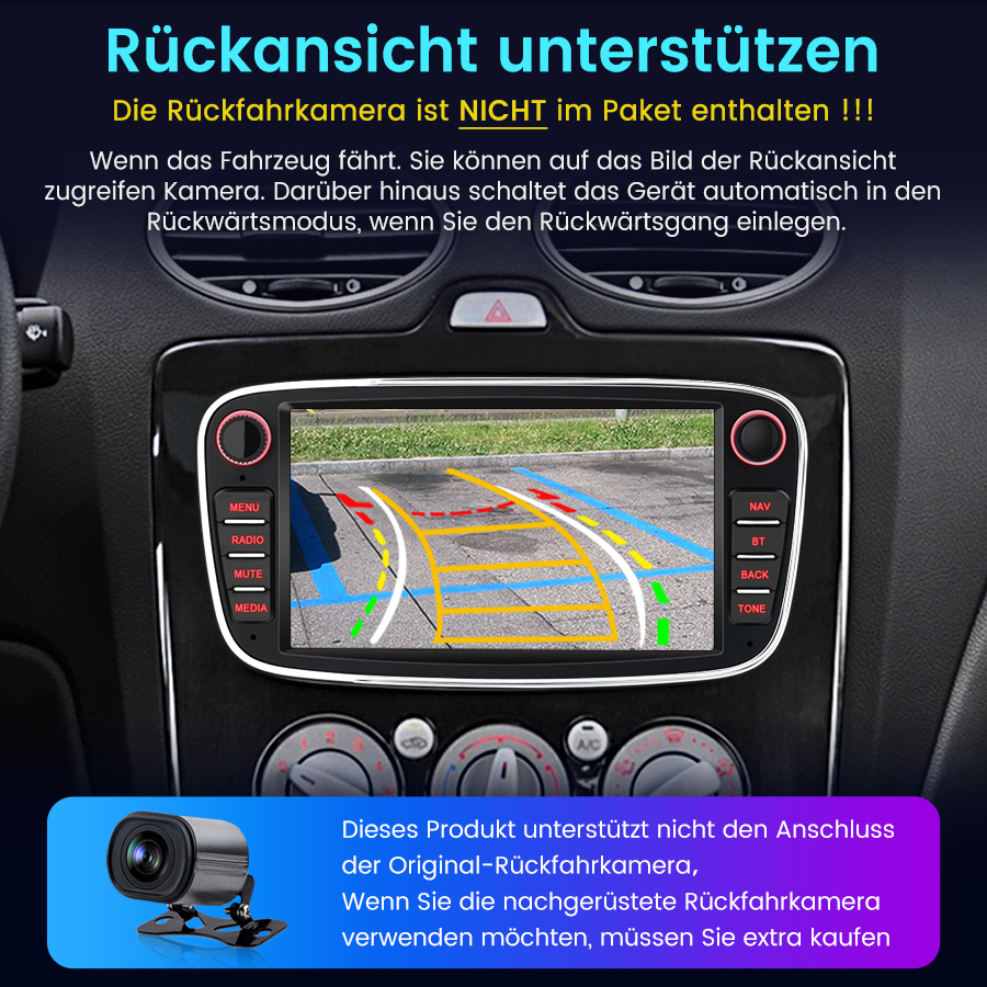 Auto-Infotainment mit Rückfahrkamera-Bild und Steuerung.