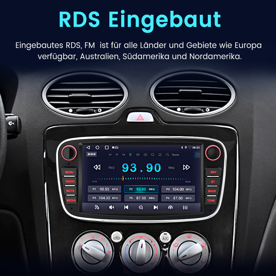 Einbau-RDS-Radio in einem Auto mit Touchscreen-Display und Bedienelementen.