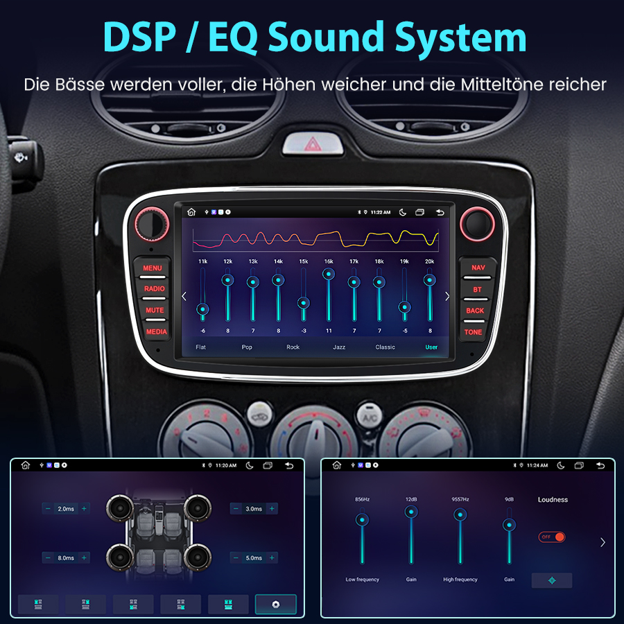 Ein Auto-Infotainmentsystem mit EQ-Einstellungen und Lautstärkereglern.