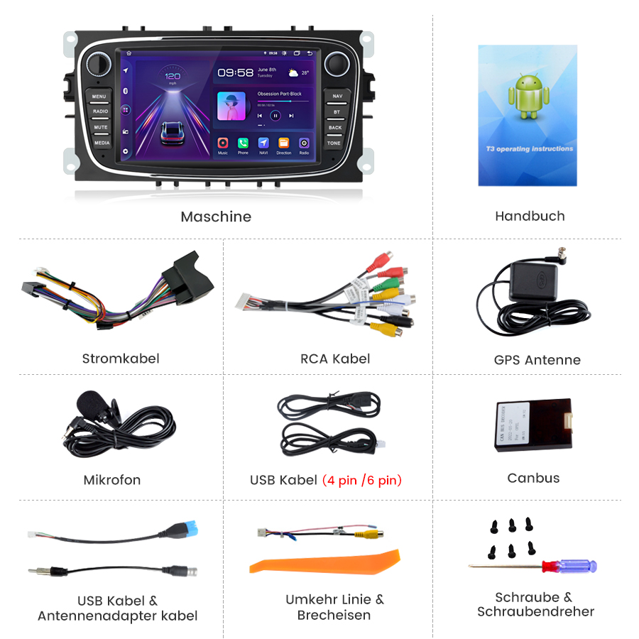 Ein Auto-Infotainmentsystem mit Kabeln, Mikrofon, Antenne, Schrauben, Handbuch und Werkzeug.