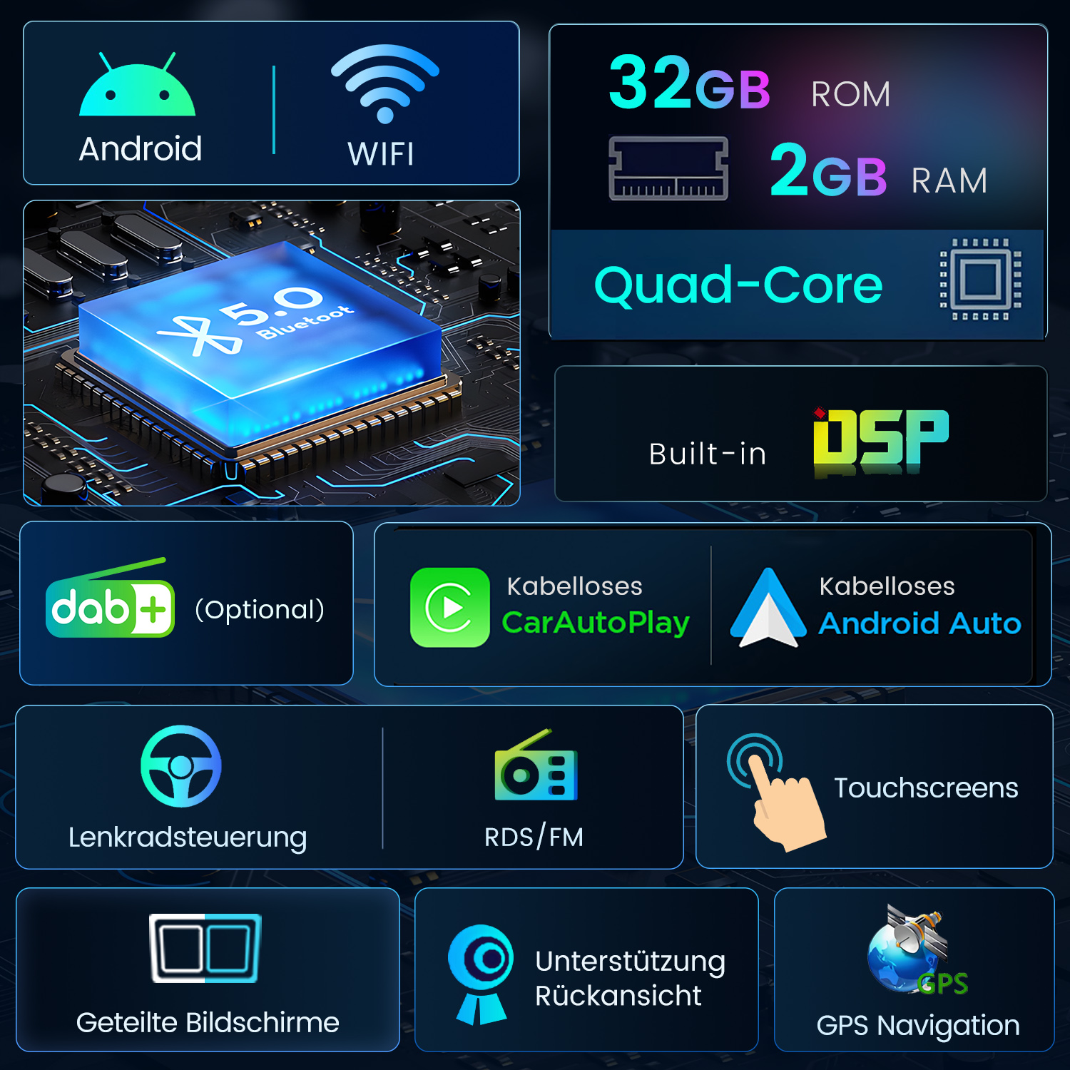 Android, WIFI, 32GB ROM, 2GB RAM, Quad-Core, Bluetooth, DAB+, Car Play, Android Auto, Touchscreens, GPS.