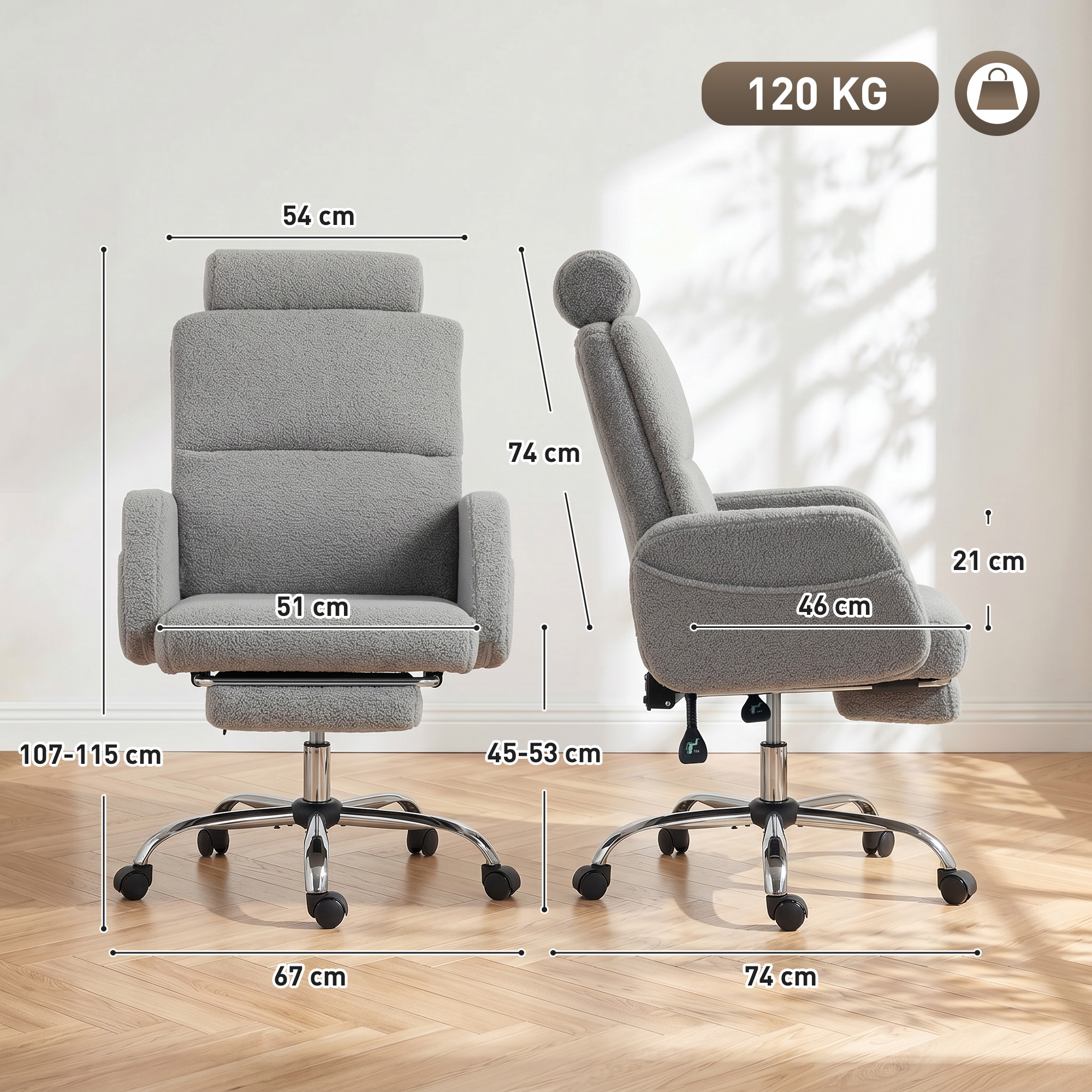 Silla de oficina gris de felpa con dimensiones. Peso máx. 120 kg.