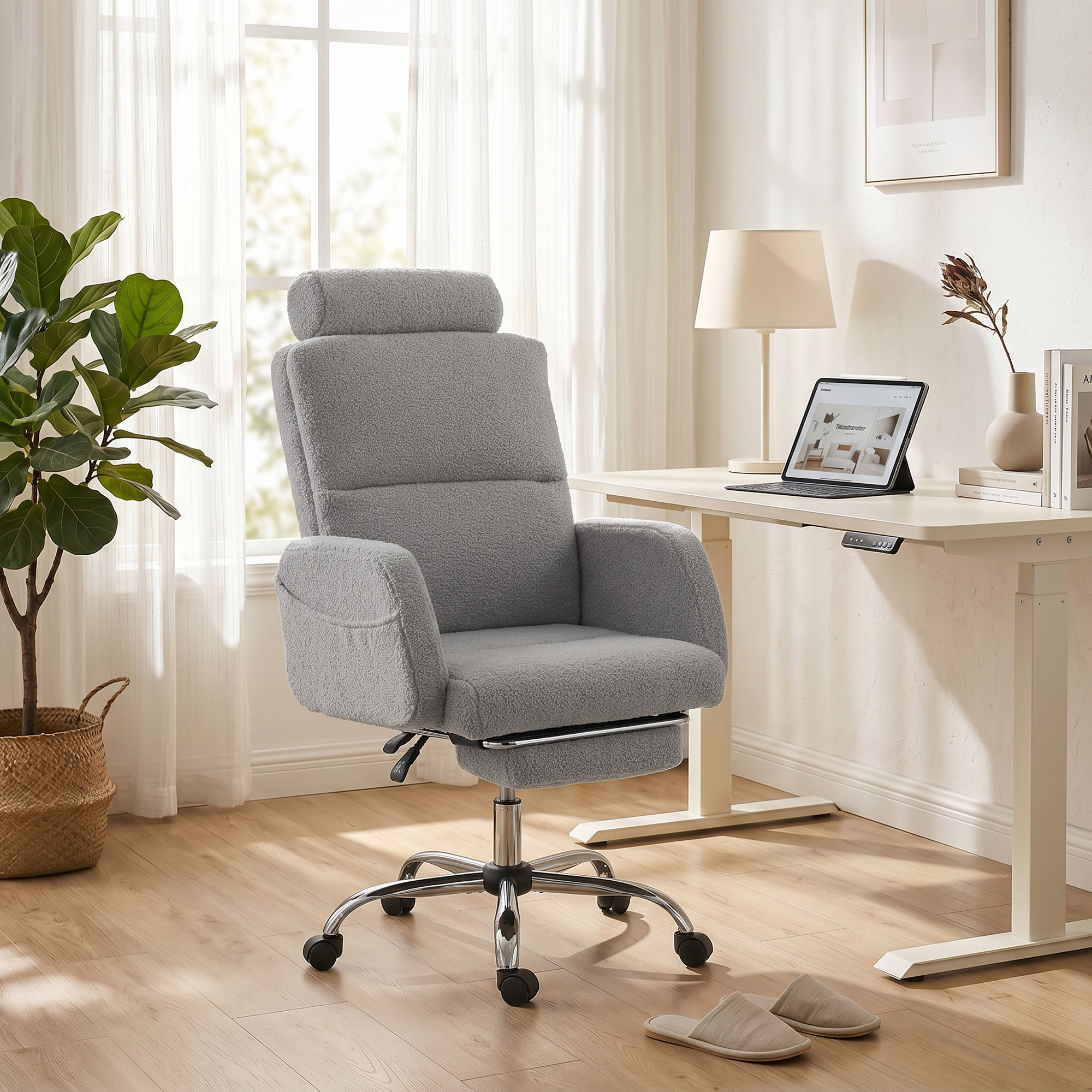 Silla de oficina gris con reposapiés junto a un escritorio con portátil.