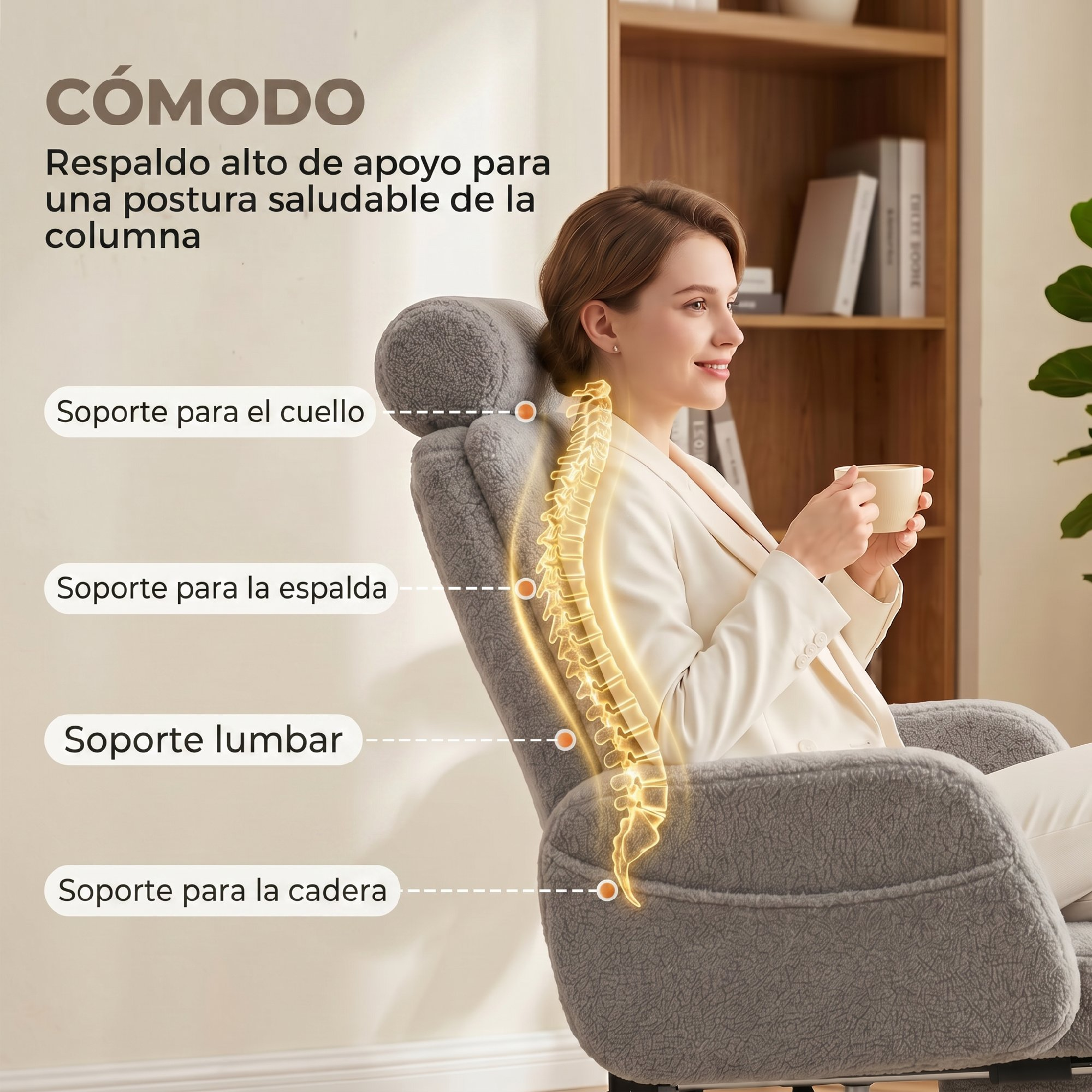 Mujer sentada en un sillón gris, con la columna resaltada.