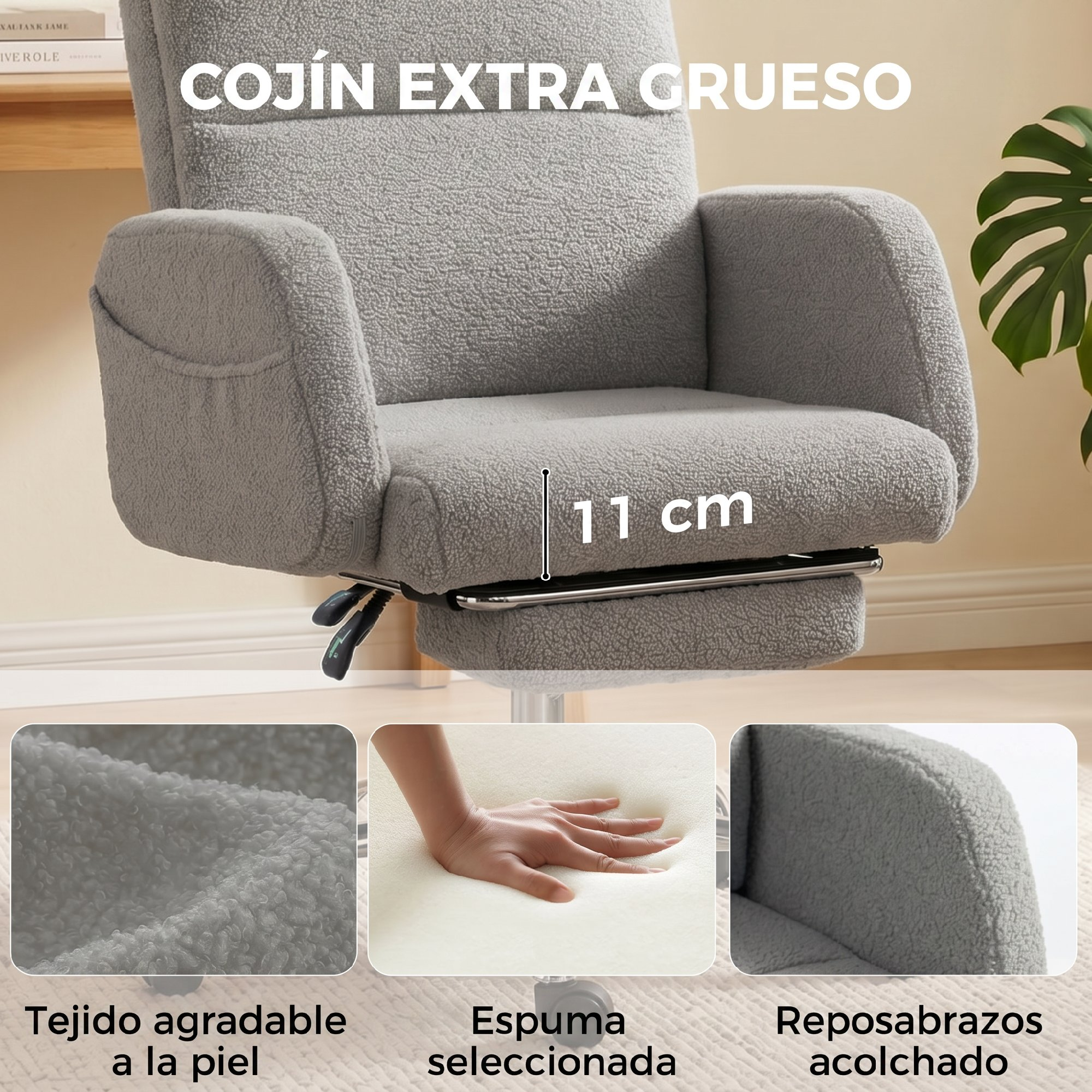 Silla de oficina gris con cojín extra grueso, 11 cm de alto. Tejido suave.