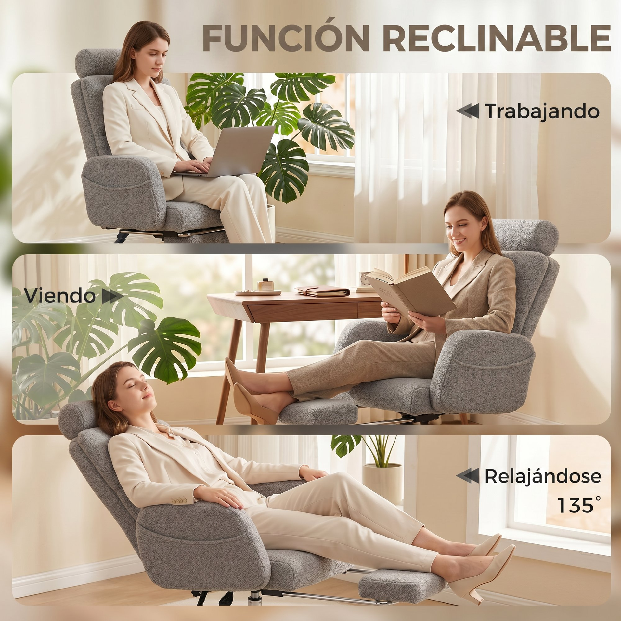 Mujer en sillón gris: trabajando, leyendo, relajándose a 135°.