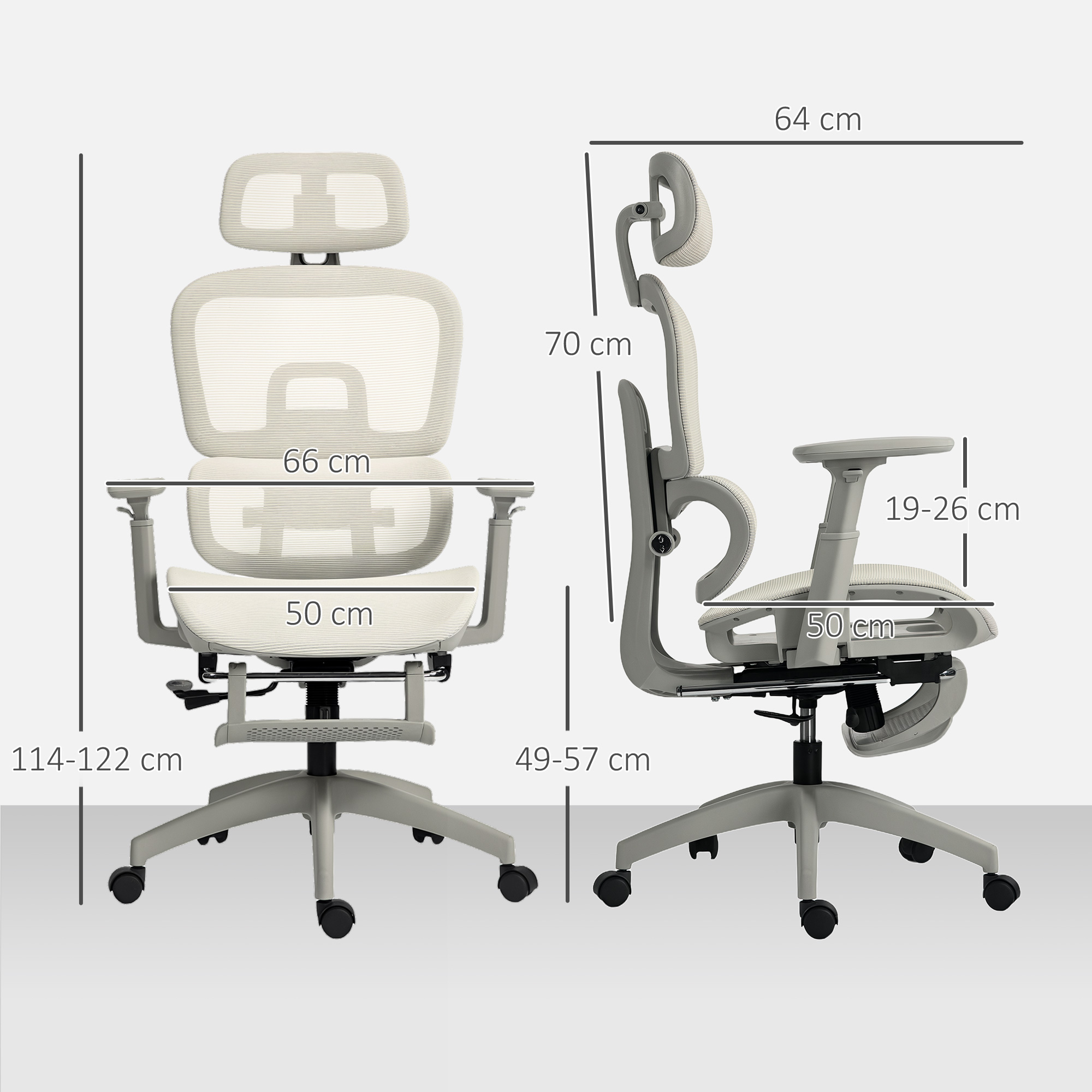 Una silla de oficina de color claro con reposacabezas y brazos ajustables sobre fondo gris.