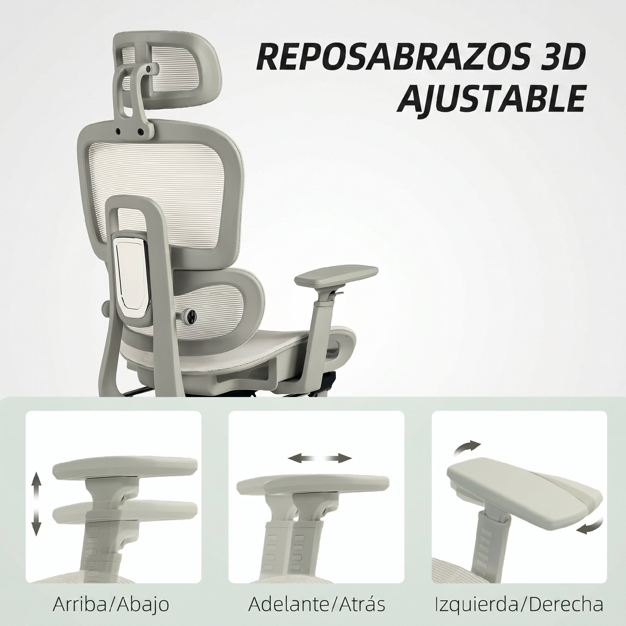 Silla de oficina gris con reposabrazos y reposacabezas ajustables. Detalles de ajustes.