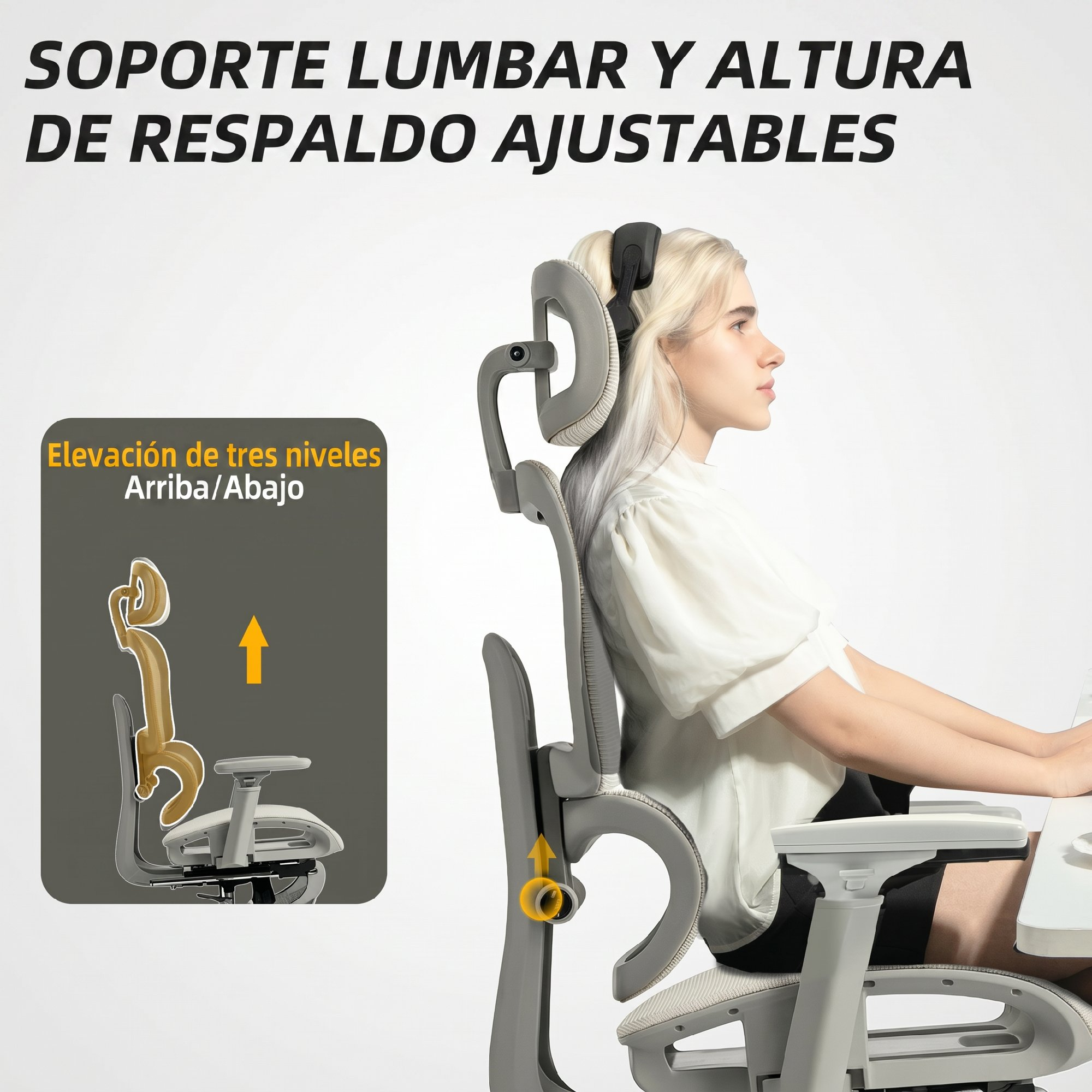 Una mujer se sienta en una silla de oficina gris con soporte lumbar y reposacabezas ajustables.