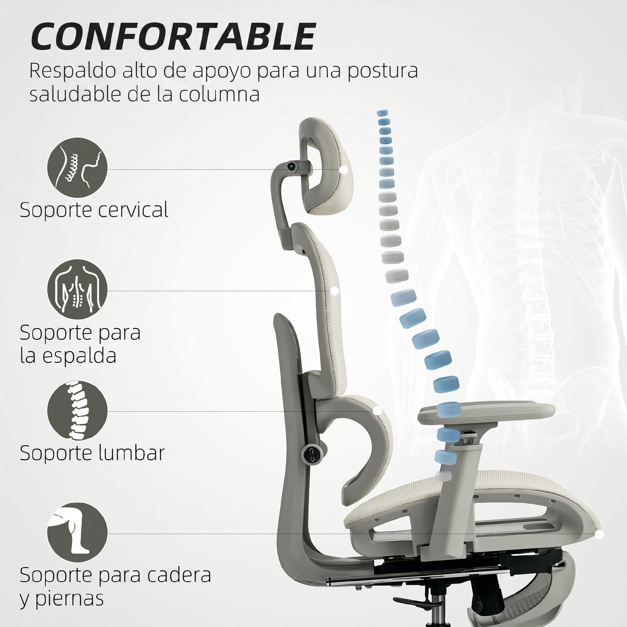 Silla ergonómica con soporte cervical, de espalda, lumbar y cadera/piernas.