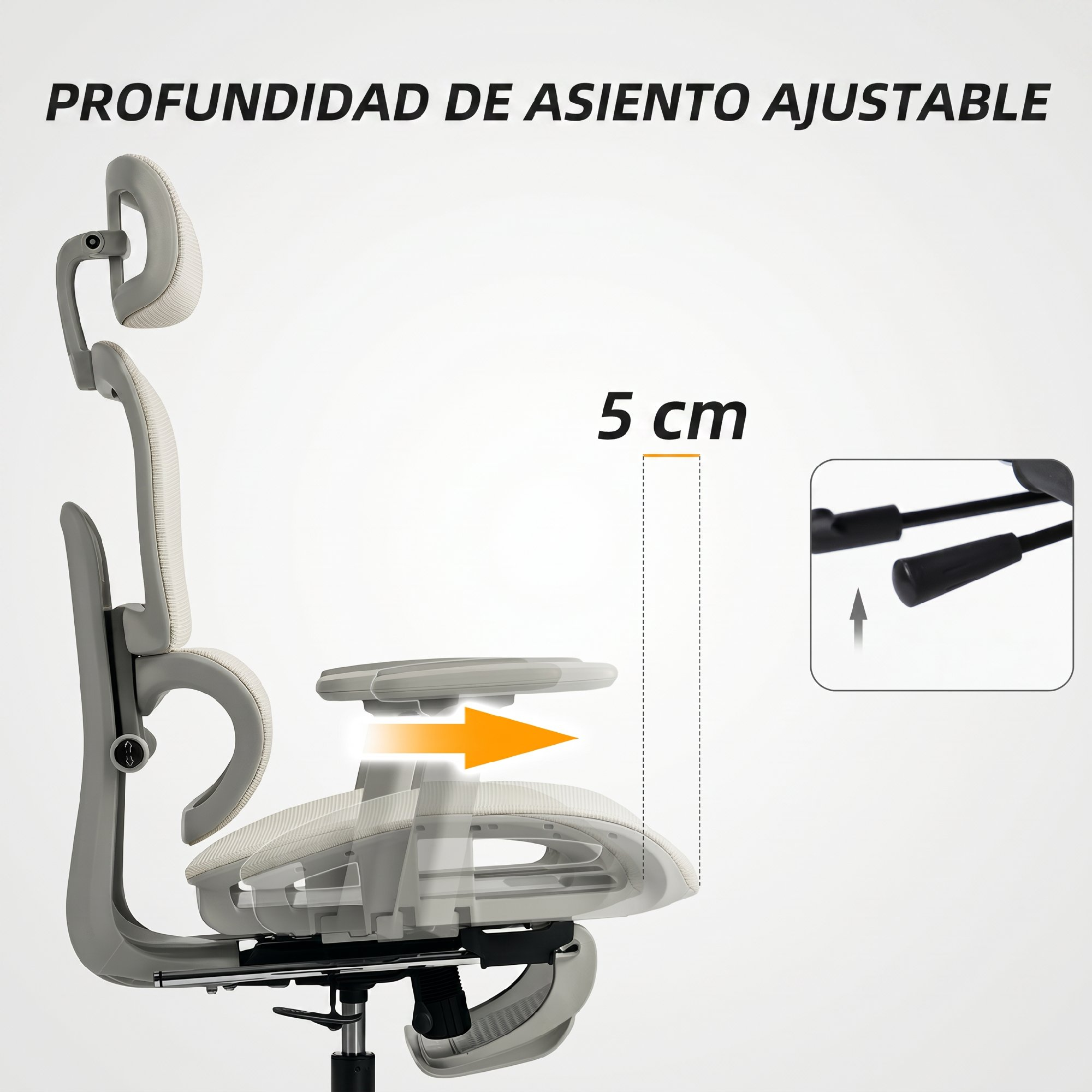 Silla de oficina gris con profundidad de asiento ajustable, 5 cm.