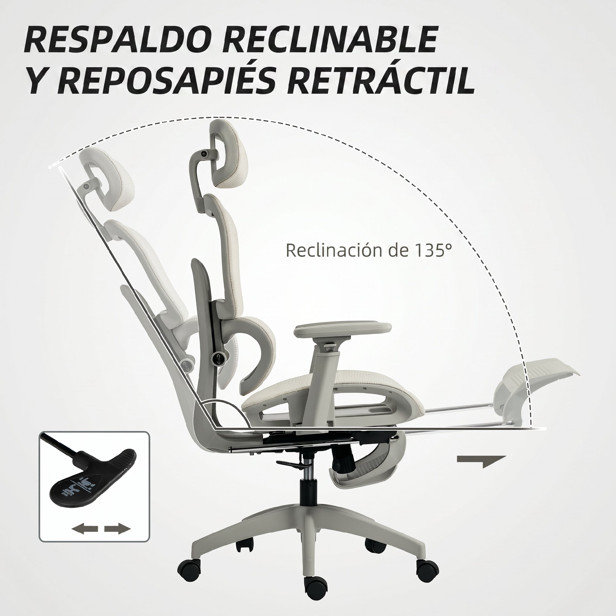 Una silla de oficina ergonómica blanca con respaldo reclinable y reposapiés retráctil.