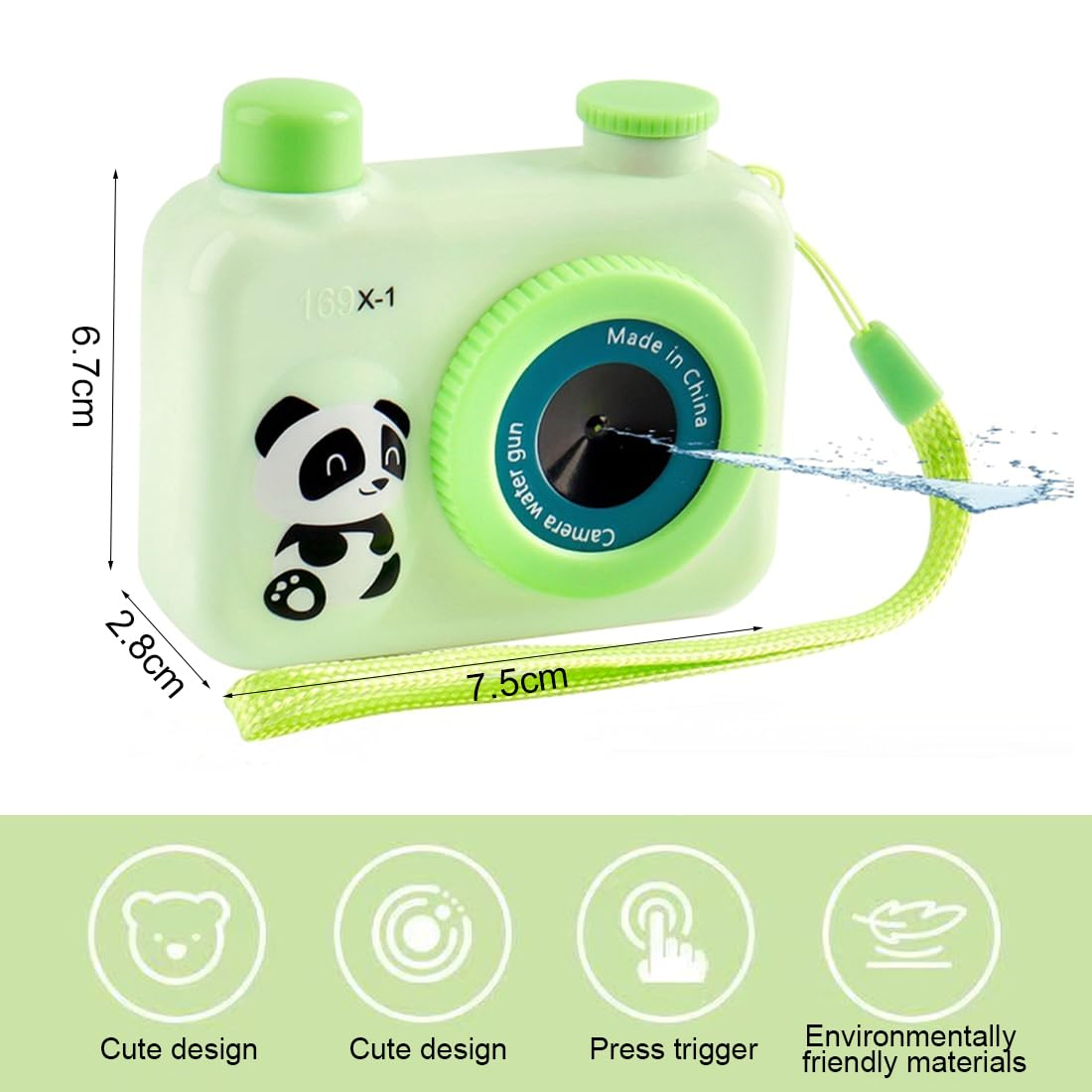 Eine hellgrüne Kamera mit Pandabär-Aufdruck, die Wasser sprüht.