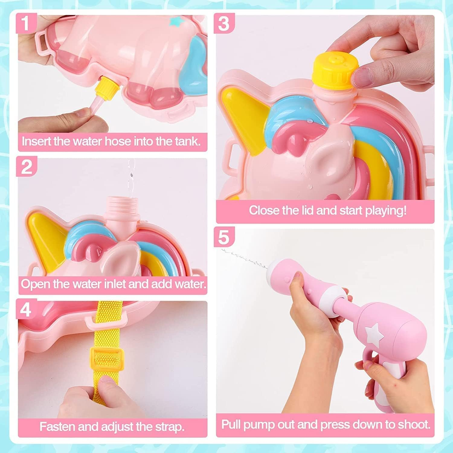 Anleitung: Wasserpistole mit Einhorn-Design befüllen und benutzen.