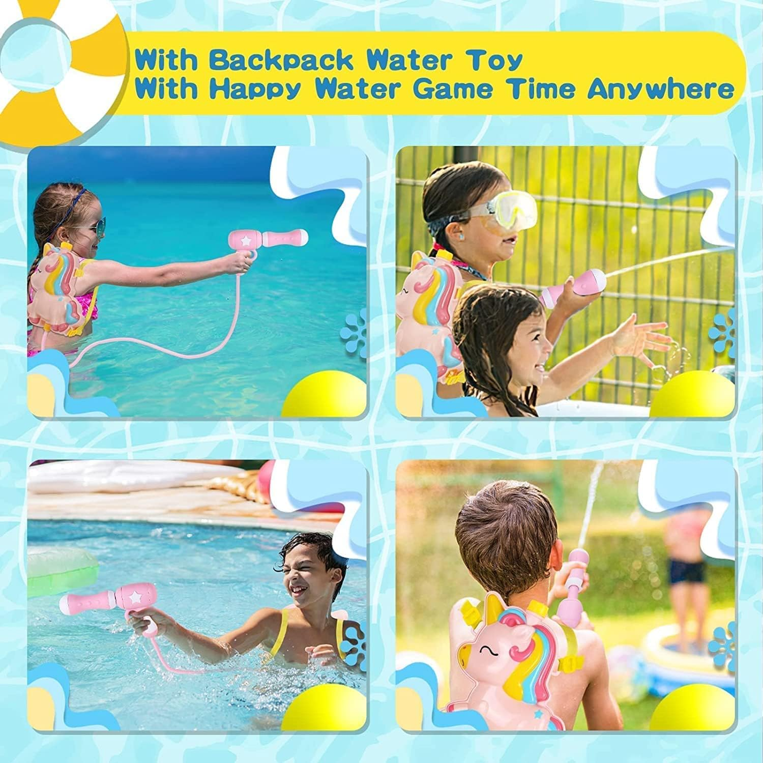 Kinder spielen mit Wasserpistolen und Einhorn-Rucksäcken im Pool.