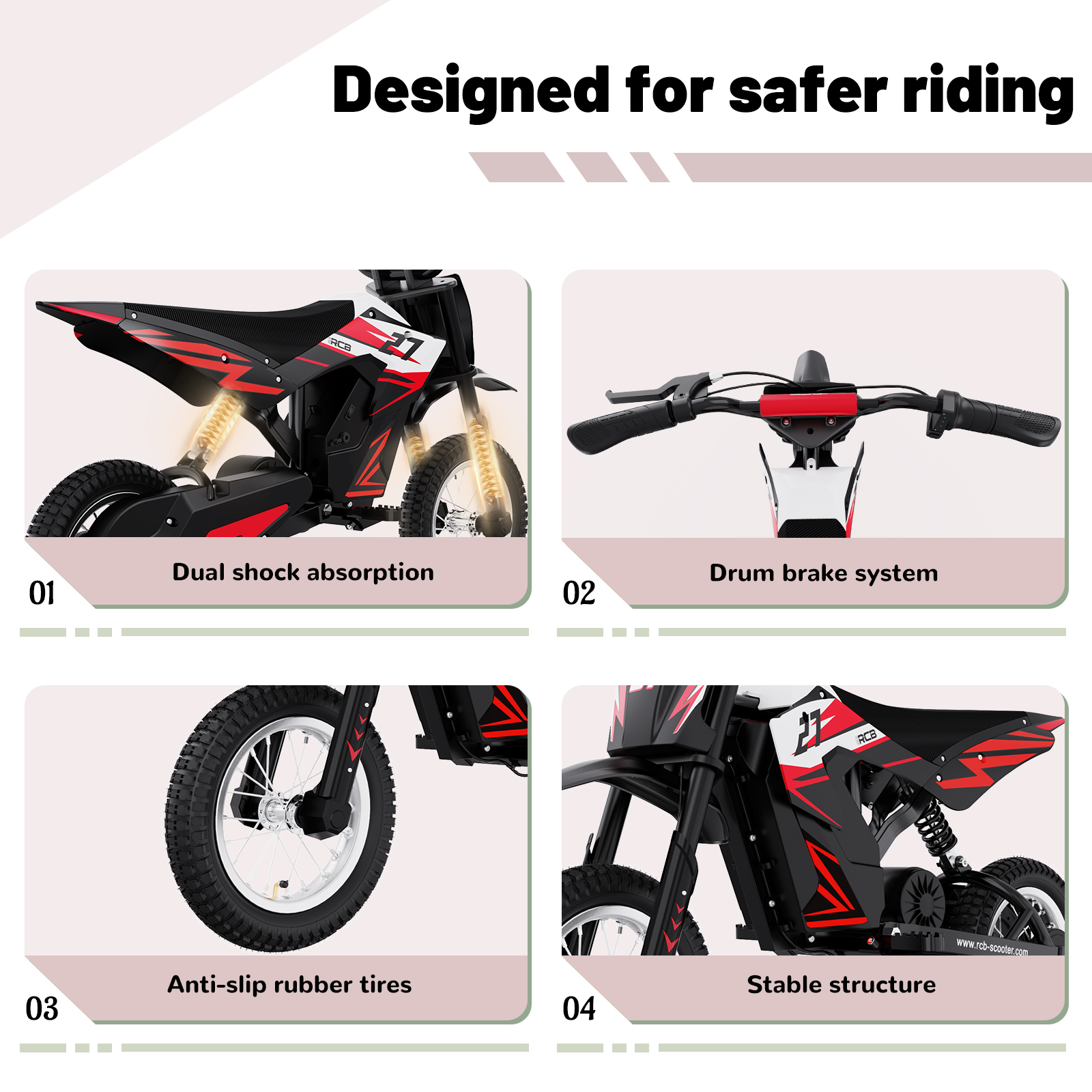 Ein rotes und schwarzes Motorrad mit Federung, Bremsen, Reifen und stabiler Struktur.