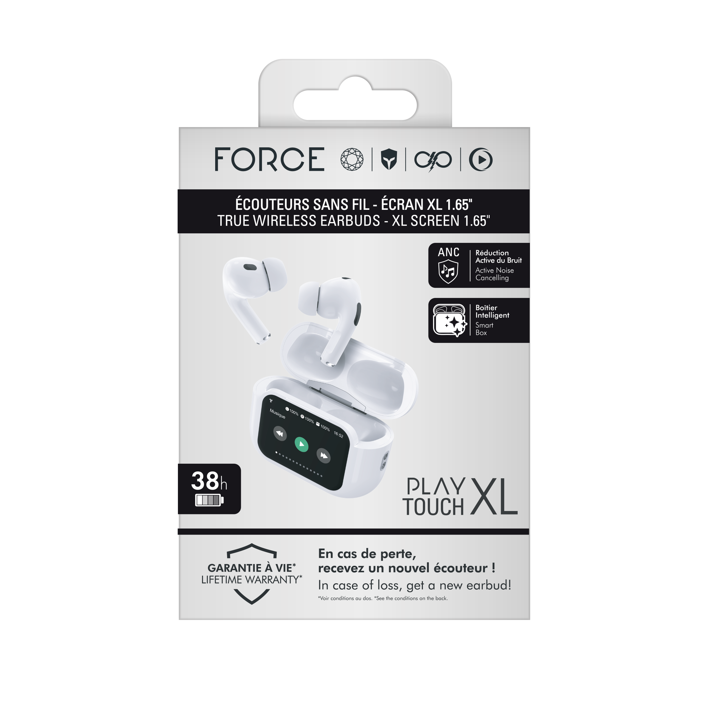 Verpackung für FORCE XL True Wireless Kopfhörer mit 1,65" Bildschirm und 38h Akkulaufzeit.