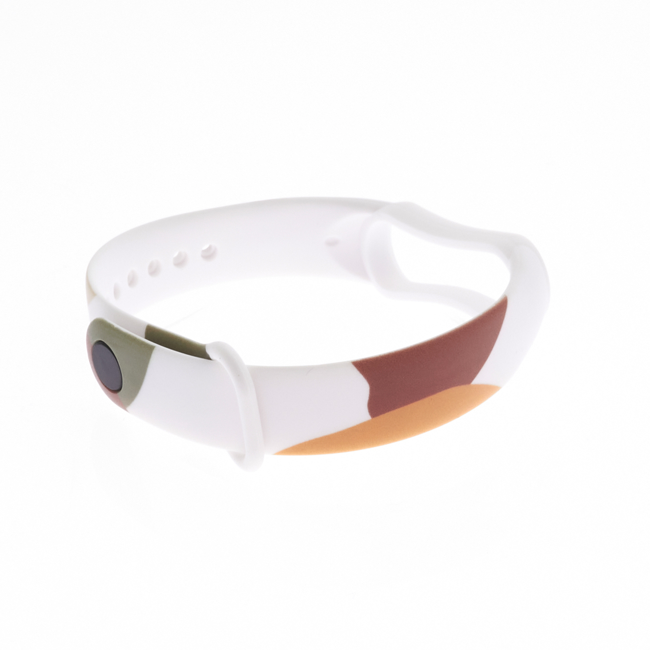 Ein weißes Armband mit Camouflage-Muster in Braun, Grün und Beige.