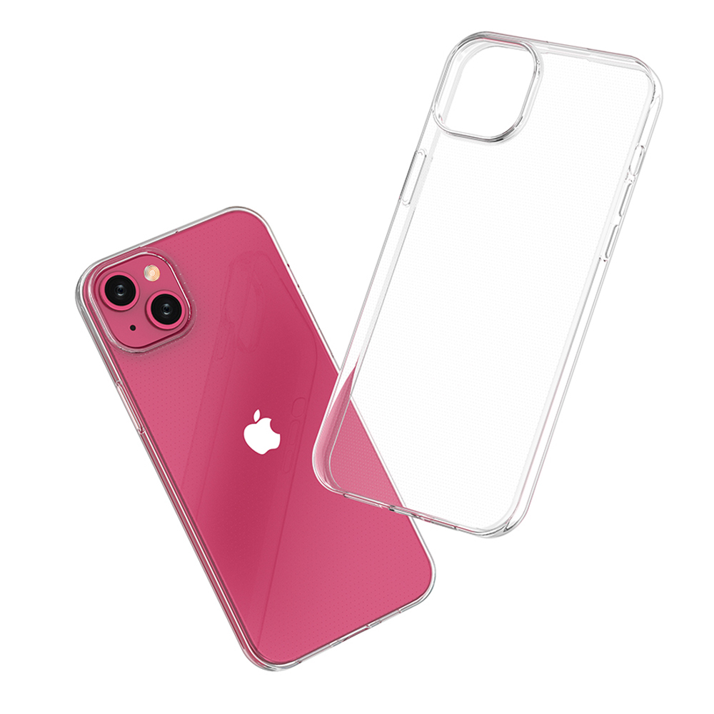 Ein pinkes iPhone mit einer transparenten Hülle auf weißem Hintergrund.