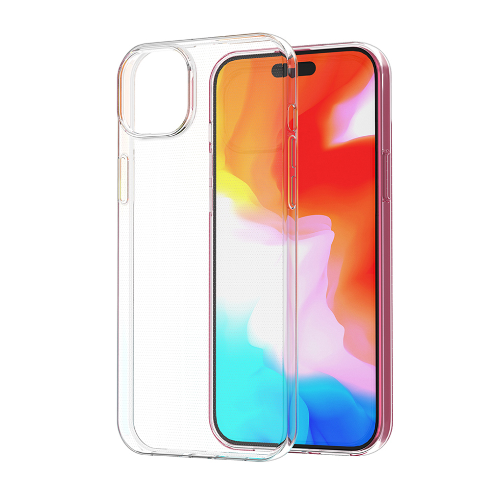 Transparente Handyhülle mit rosafarbenem Rand über einem Smartphone mit buntem Bildschirm.
