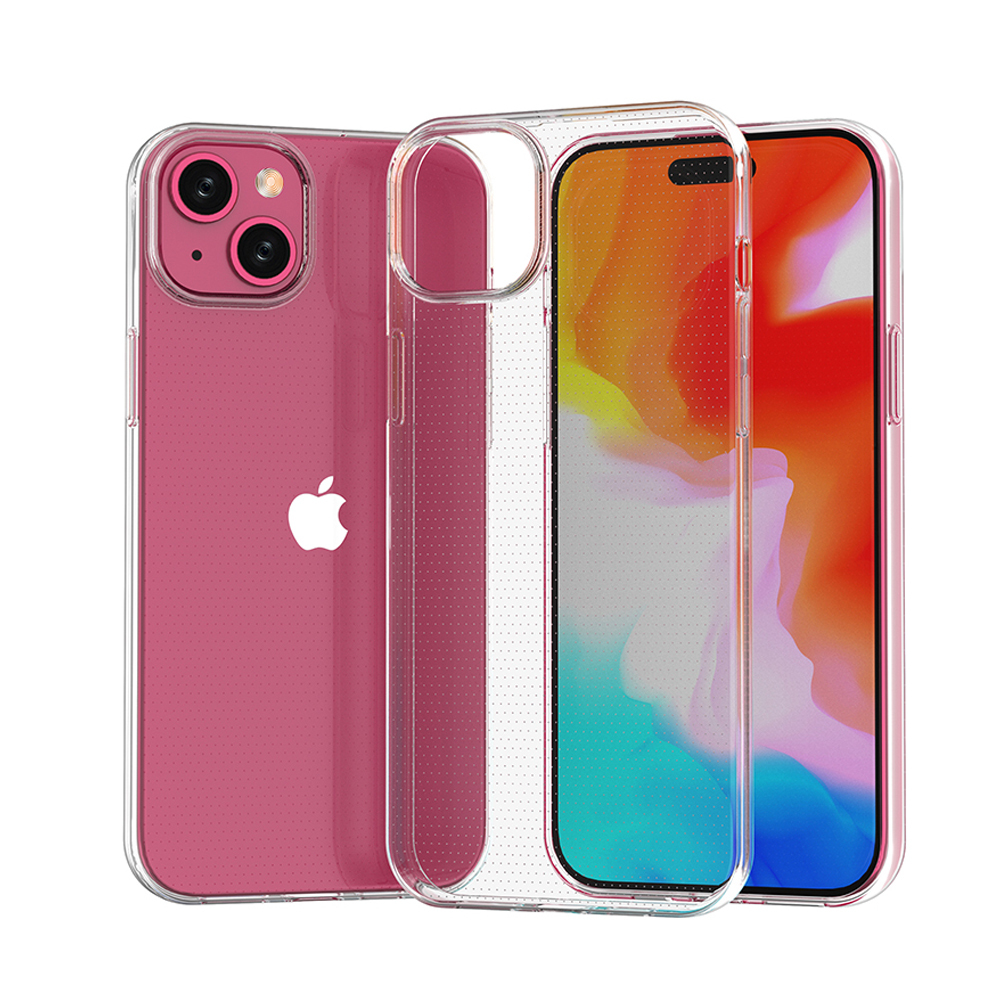 Zwei transparente Handyhüllen, eine rosa, eine klar, mit Handys.
