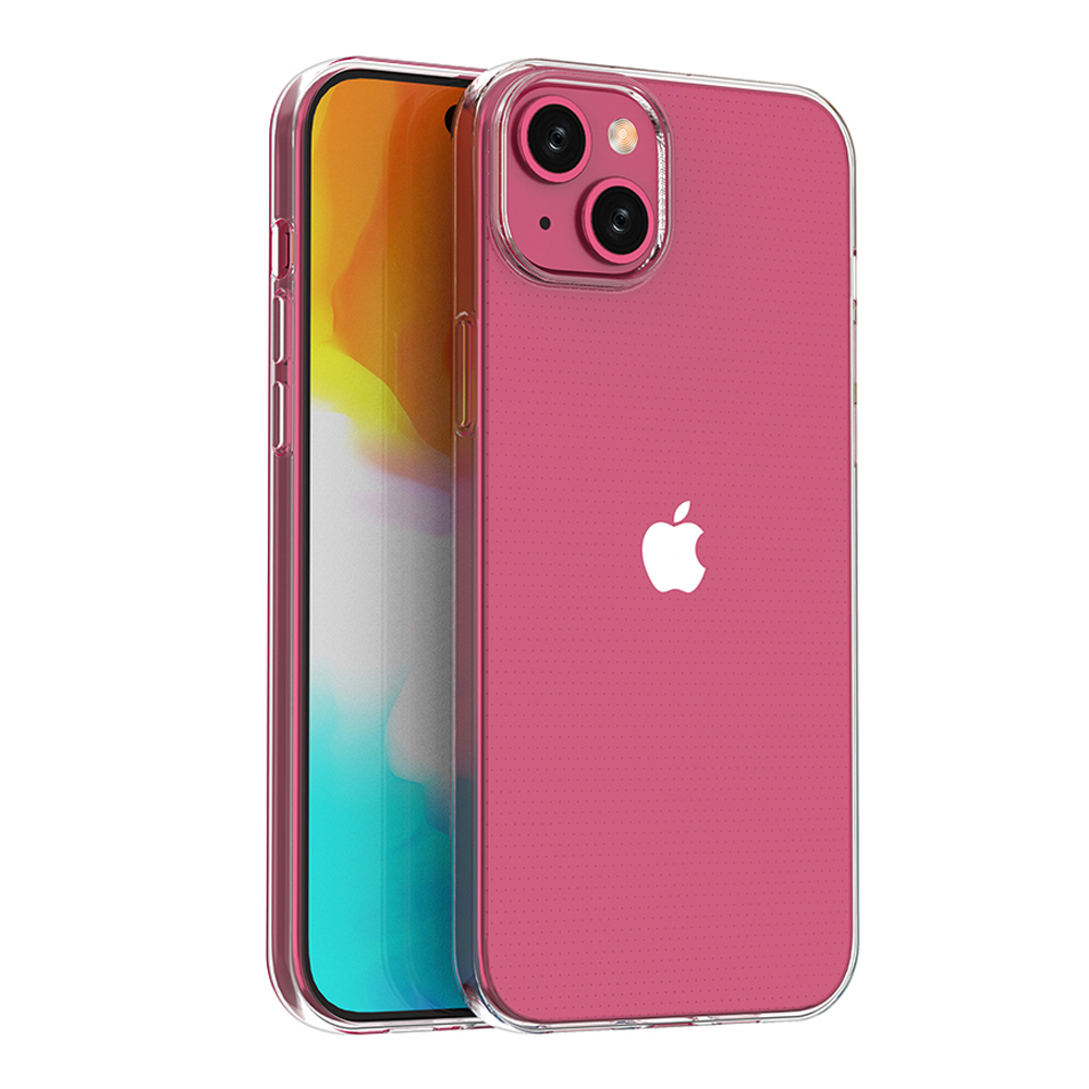 Ein pinkes iPhone mit einem transparenten Gehäuse, das auf einer weißen Fläche liegt.
