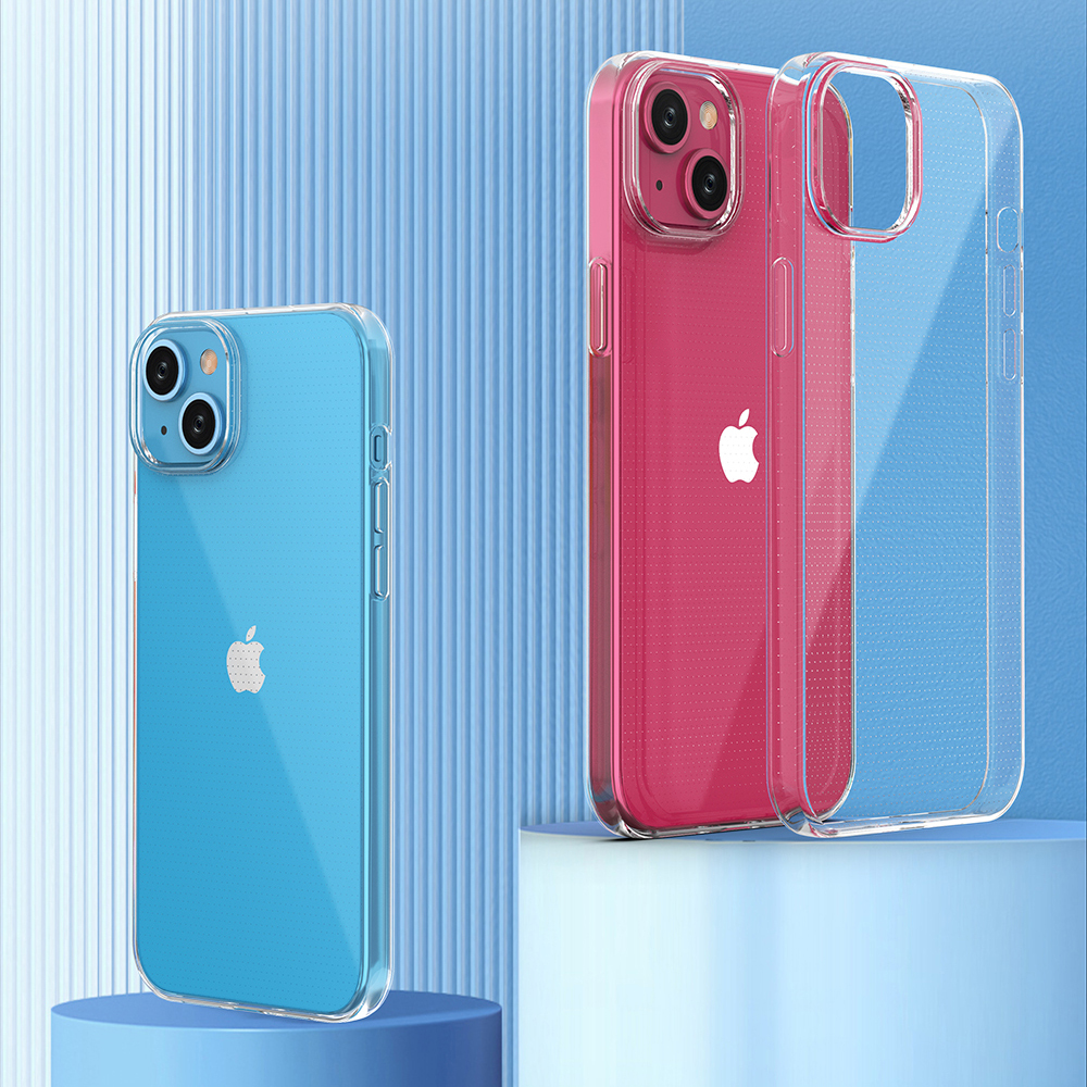 Zwei transparente Handyhüllen in Blau und Rosa mit Handys auf blauem Hintergrund.