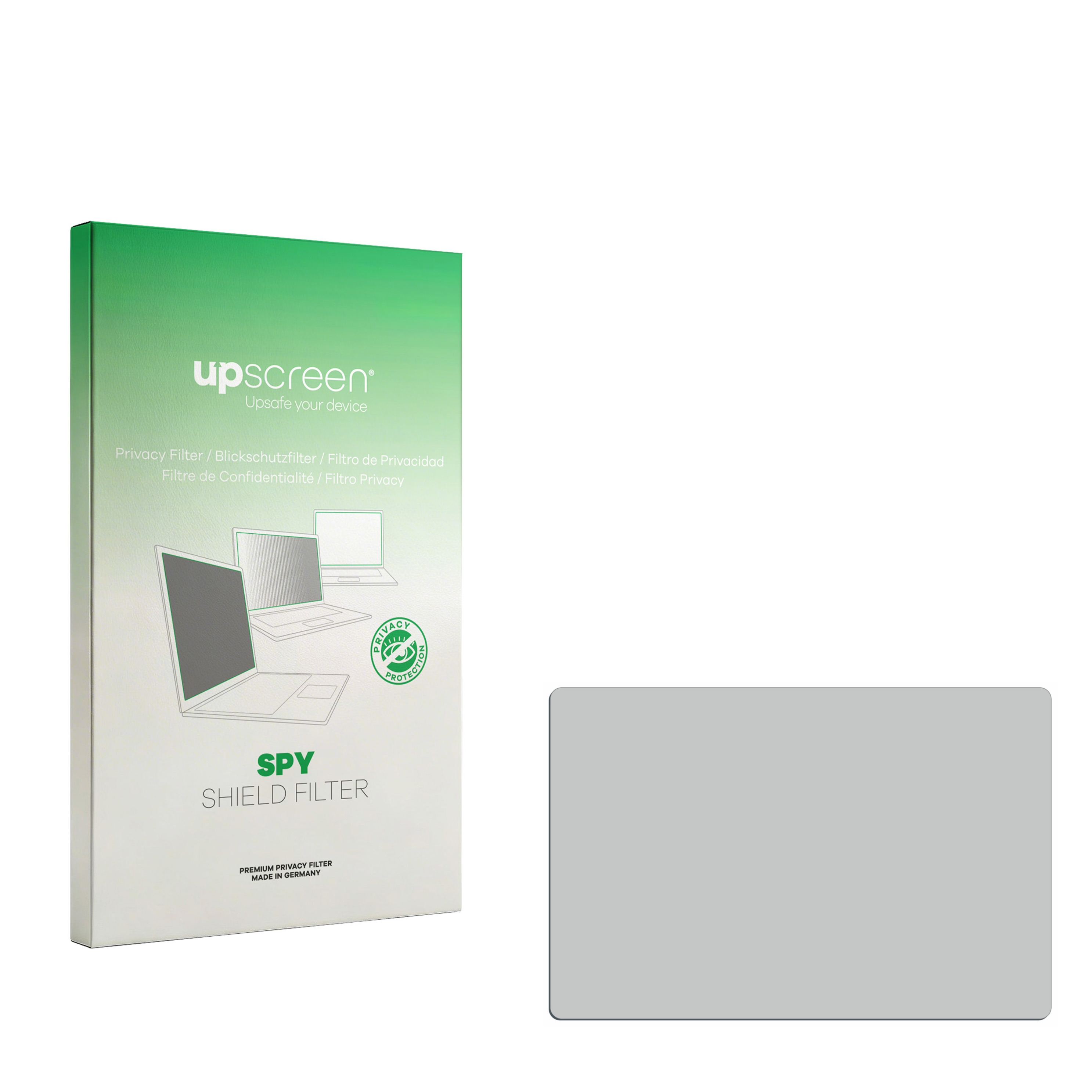 Grüne Verpackung für einen Sichtschutzfilter und ein graues Filterobjekt.