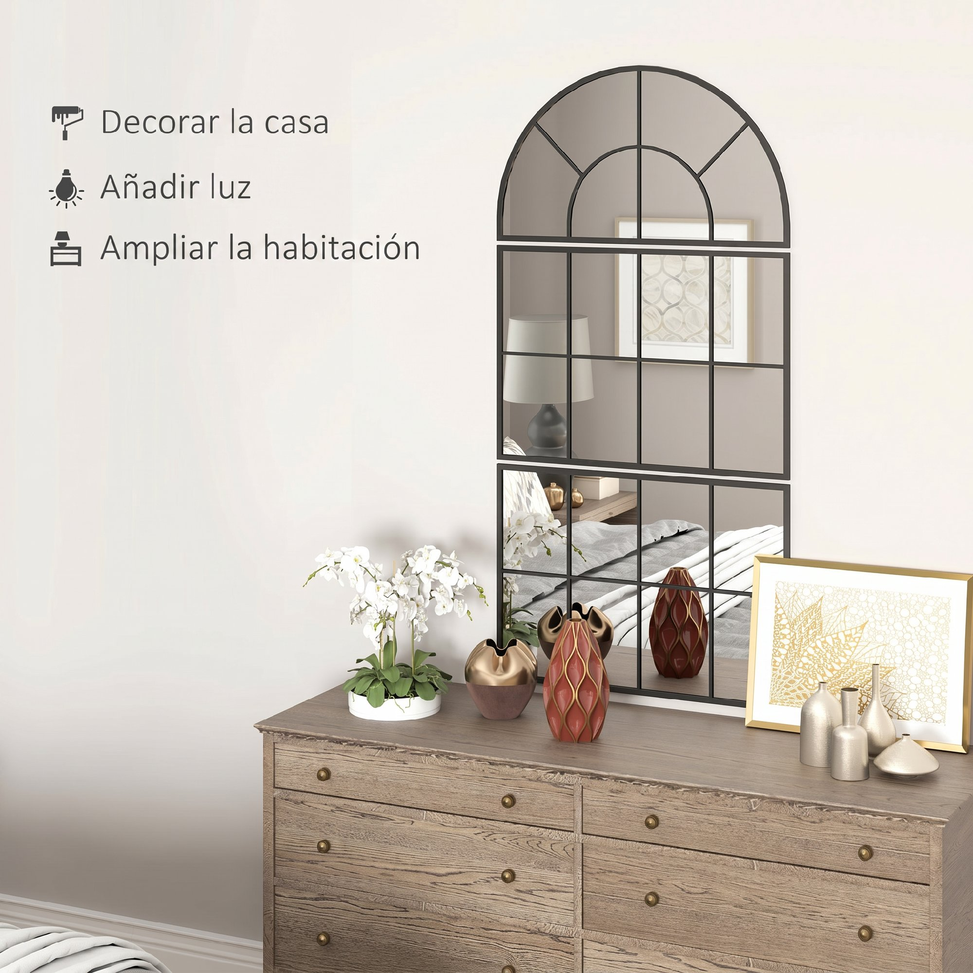 Un tocador de madera con jarrones y un espejo de ventana.