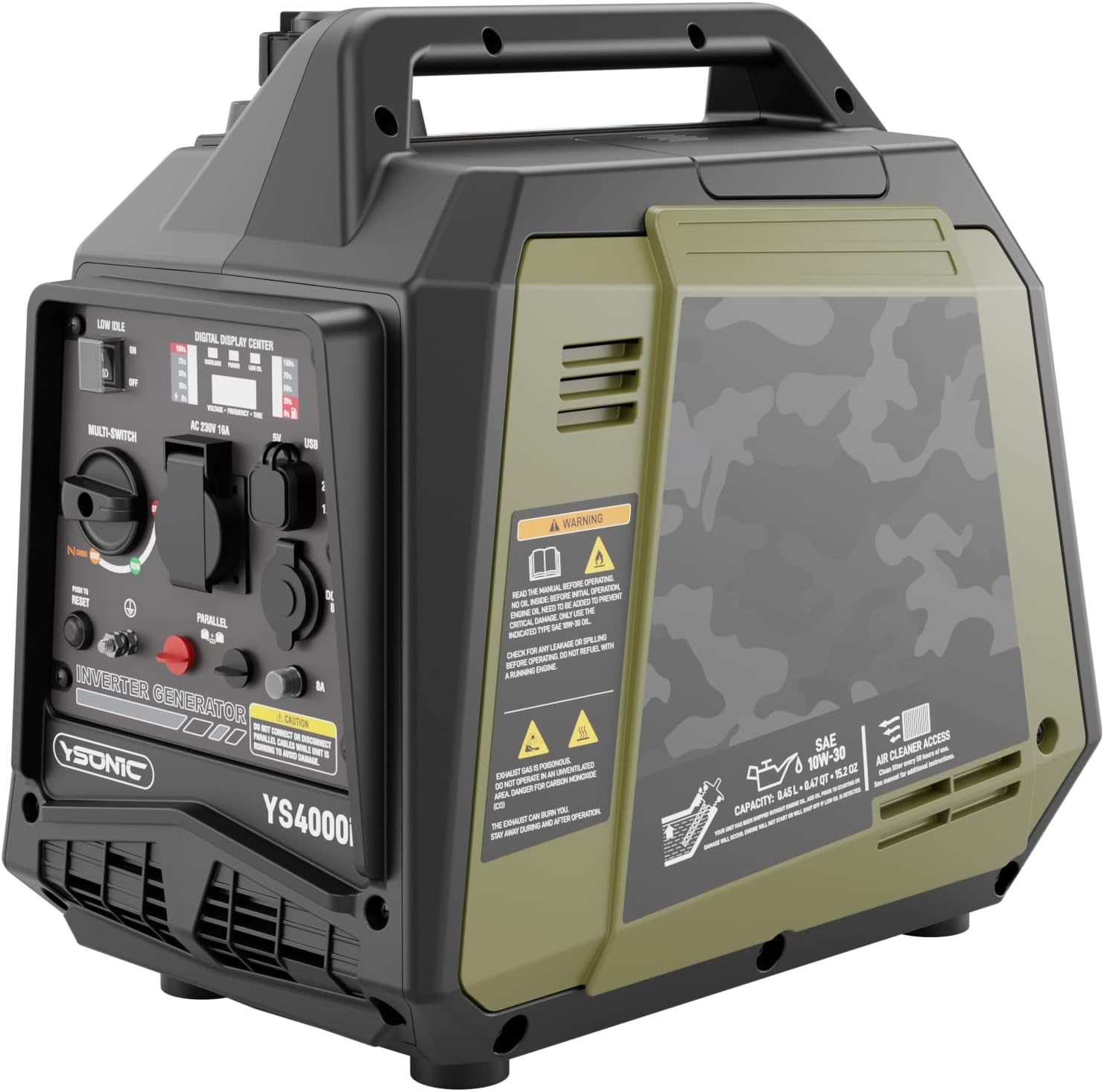 Ein schwarz-grüner Ysoniq YS4000 Wechselrichtergenerator mit Digitalanzeige und Bedienelementen.