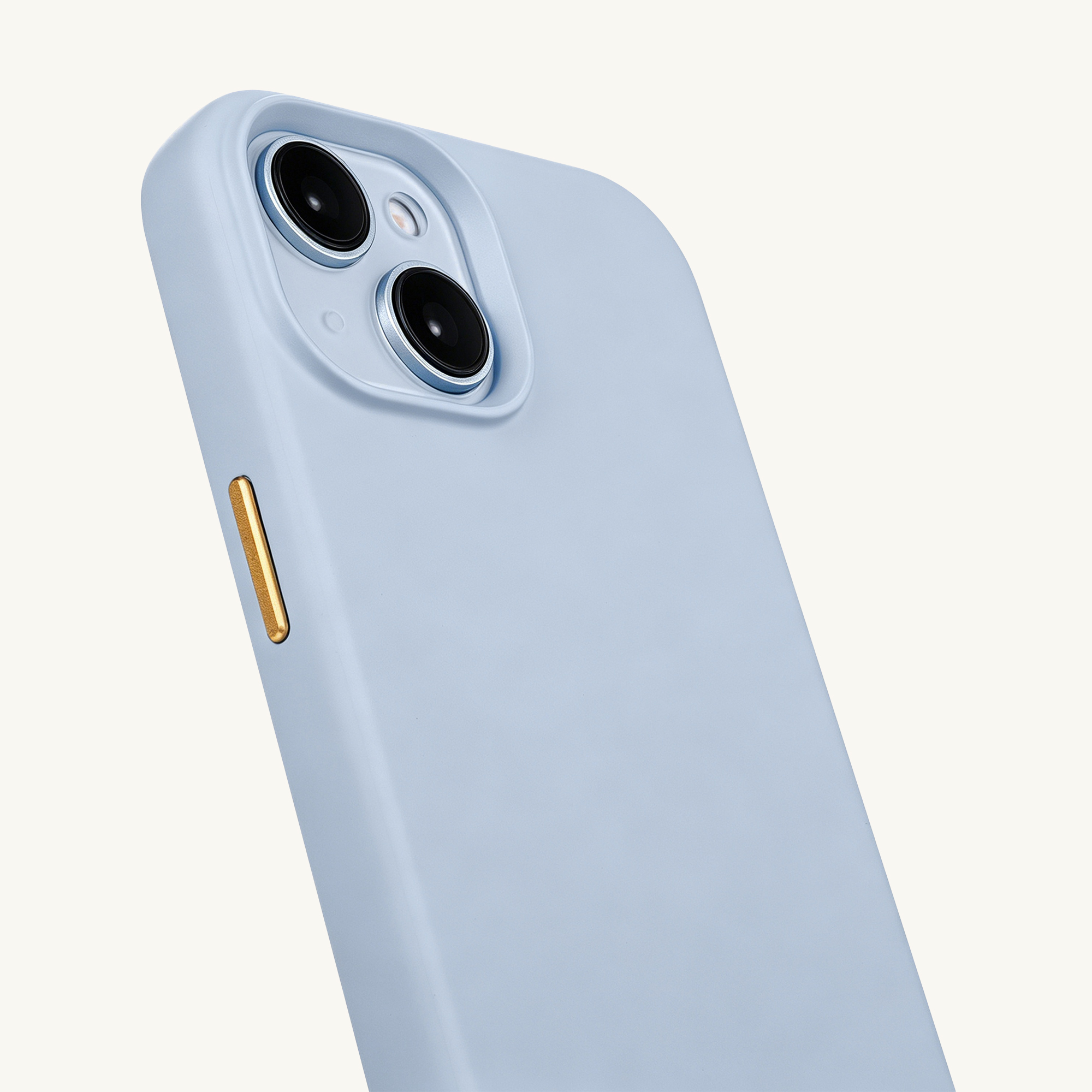 Light blue phone case with two cameras and a gold button.